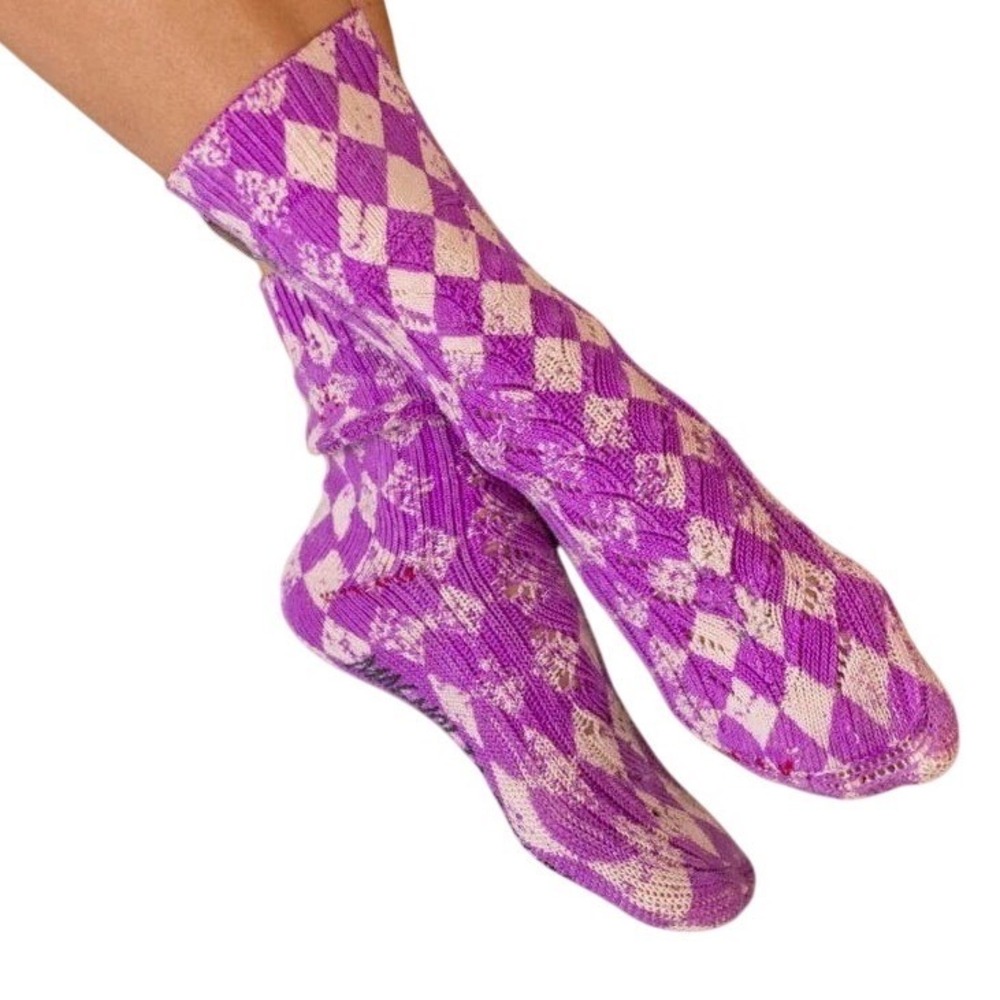 Magnolia Pearl Lil Dipps Crew Knit Socks #106 Purple Cream Checker NWT OS